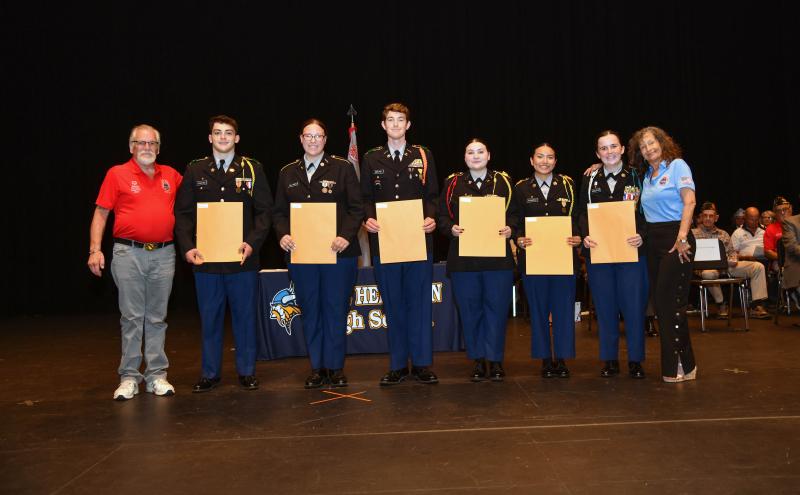 The Sons of AmVets Post 22 and its Ladies Auxiliary present scholarships to cadets Patrick Donahue, Jenna Calhoun, Liam Drevno, Gabrielle Brunskill, Ady Ramirez and Abigail Schaeffer.