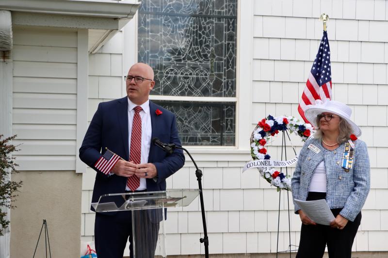 Sen. Russ Huxtable, D-Lewes, left, delivers remarks during the ceremony at Lewes Presbyterian Church. Beth Bowersock is on the right.