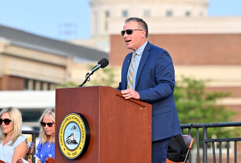 Cape Superintendent Bob Fulton tells the students he started as the superintendent when they started kindergarten.