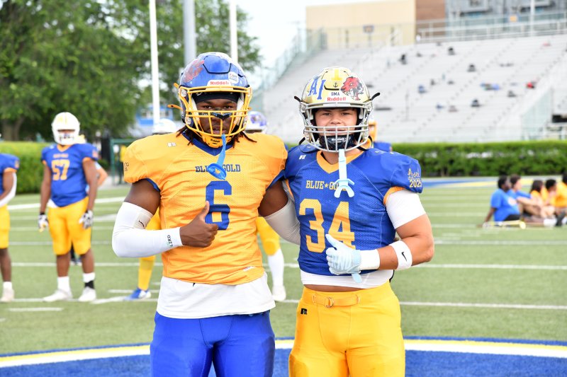 Friends playing against each other in the game are Gold squad’’s JaJuan Sturgis (Sussex Central) and Blue Squad’s Mitch Cummings (Salesianum).