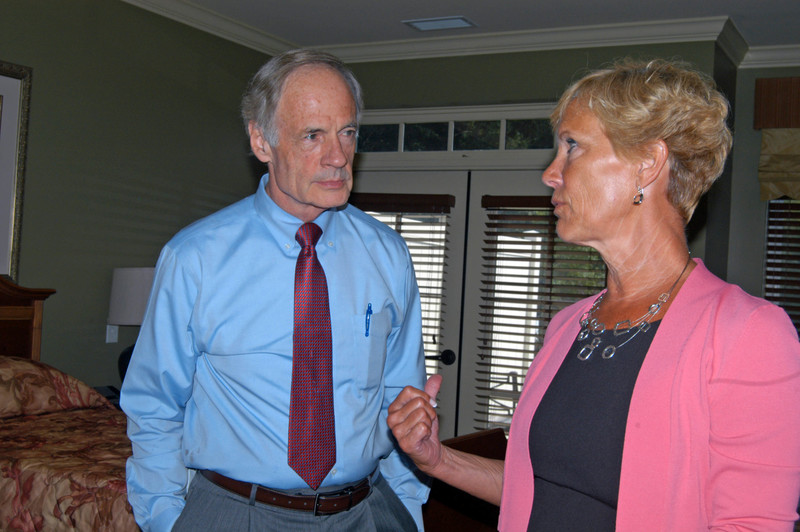 Delaware Hospice President and CEO Susan Lloyd, right, shares information about Delaware Hospice and its Milford facility with U.S. Sen. Tom Carper during an Aug. 24 tour. BY MADDY LAURIA
