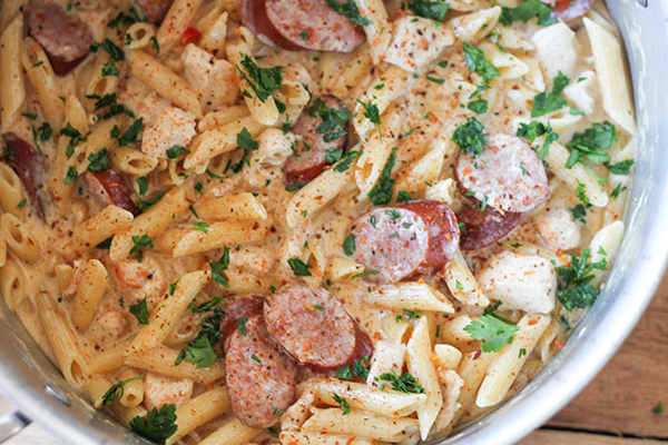 One Pot Chicken and Sausage Alfredo Pasta made with Andy Roo's Cajun ...