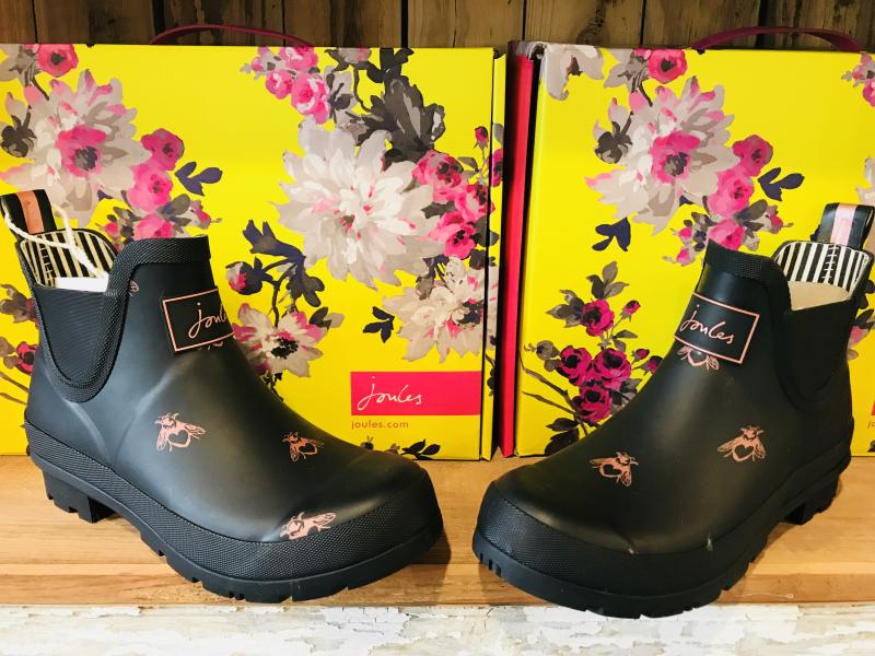 yellow rain boots with bees