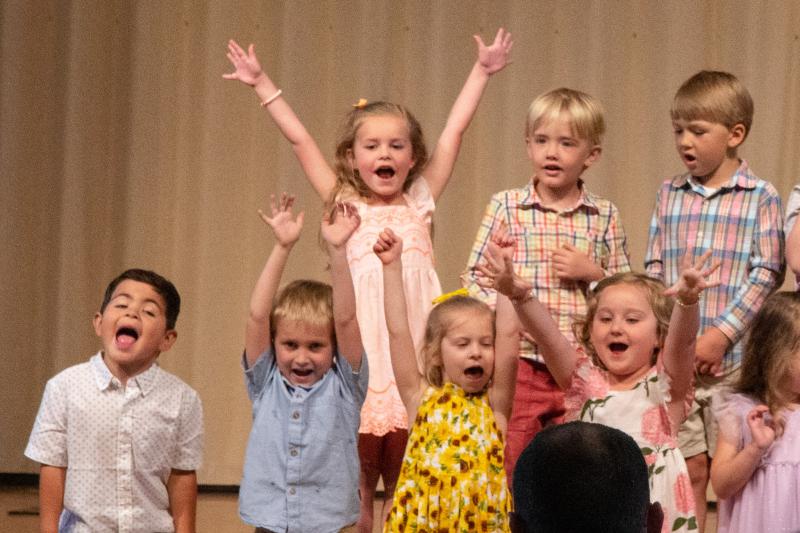 The Penguin Class gives an exuberant performance. In back are (l-r) Hayden McKinley, Eric Dyer and Kieran Kane. In front are Gianni Christodoulou, Benny Jackewicz, Elise Carpenter and Olive Dare.