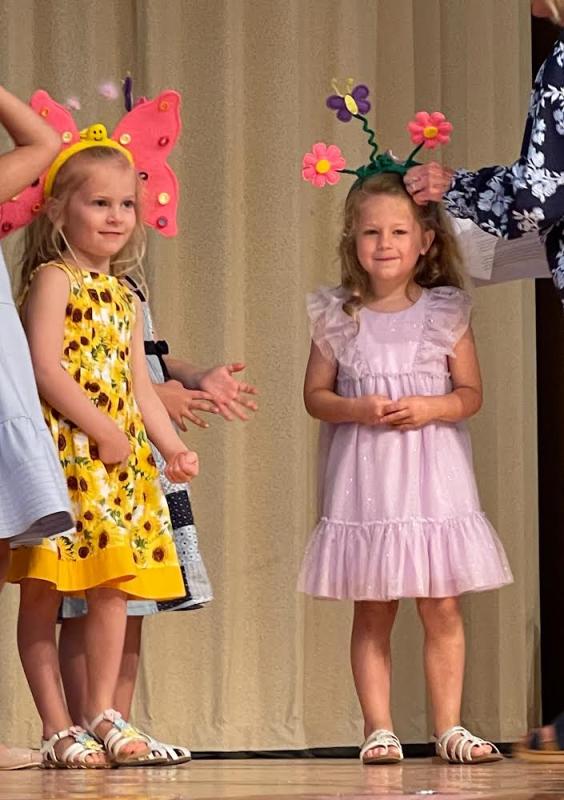 Penguin Class students Ellie Carpenter, left, and Madeline Smith are all set for the skit.
