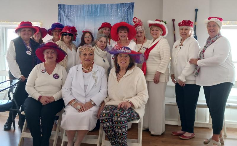 Red Hat Society members decked out in a winter wonderland theme are in back (l-r) Joann Dubois, Nancy Wilcox, Countess Sherry Arigo, Kathy Desbonnet, Countess Glenna Gill, Ann Burton, Sherry Palese, Judy Phillips and Elsie Parkhouse. In the middle are Karen Norris, Countess Judy Picciotto and Countess Joann McIlvain. Seated in front are Countess Pat Faust, Ambassador Queen BJ Young, and Vice Queen Mae Cipriano. SUBMITTED PHOTO