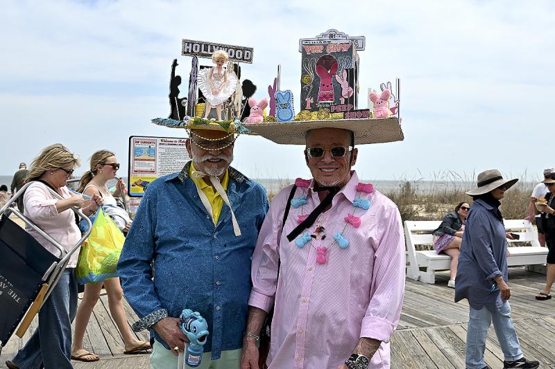 Richard Thibodeau, left, and Joseph Collier strut their stuff in a Marilyn Monroe bonnet and a peep show bonnet.