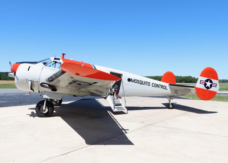 Chorman’s Beech C-18S was delivered to the U.S. Navy in 1945 and later served with the U.S. Coast Guard. Inside, there are tanks that contain chemicals that are sprayed to combat mosquitoes.