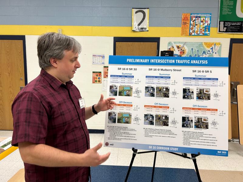 Steve Harr, an engineer with Whitman, Requardt and Associates, explains traffic data at a May 13 Delaware Department of Transportation public workshop on planned improvements in the Route 16 corridor through Milton. RYAN MAVITY PHOTOS