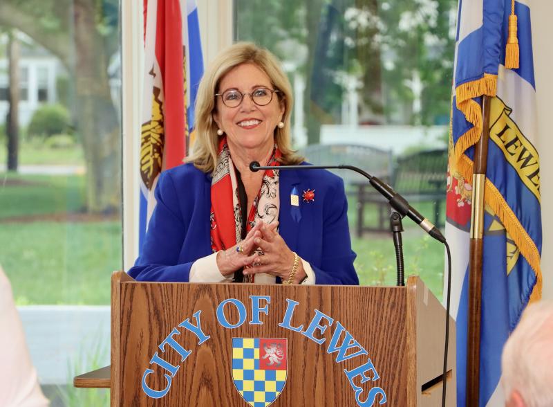 Mayor Amy Marasco addresses the audience at the Rollins Center after her swearing-in ceremony. She said people came up to her afterword to express their interest in getting involved in local government.