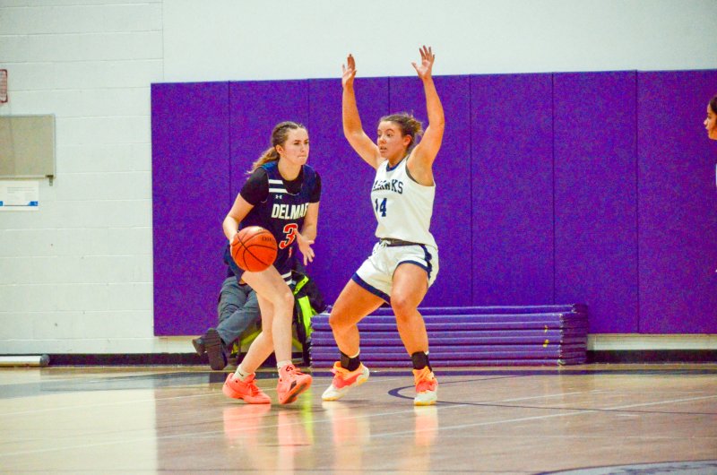 Sussex Academy junior Grayce Glover pops out to play defense during the Seahawks’ 37-30 win over Delmar Jan. 15. AARON R. MUSHRUSH PHOTOS