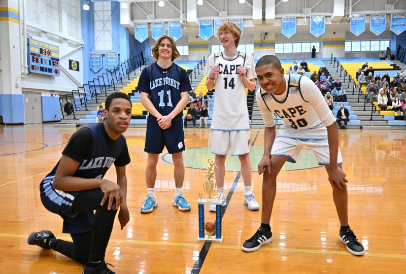 Competing in the three-point challenge are (l-r) Aliki Long, Talan Gerardi, Bennett Steinmann and Zane Richardson.