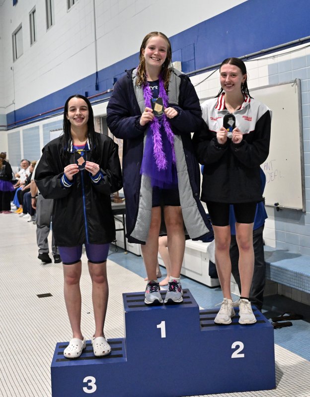 Anna Mumford takes gold in the 500 free. Second place was taken by Alaina Hoffman of Ursuline, and third place was Andie Kiess of Middletown.