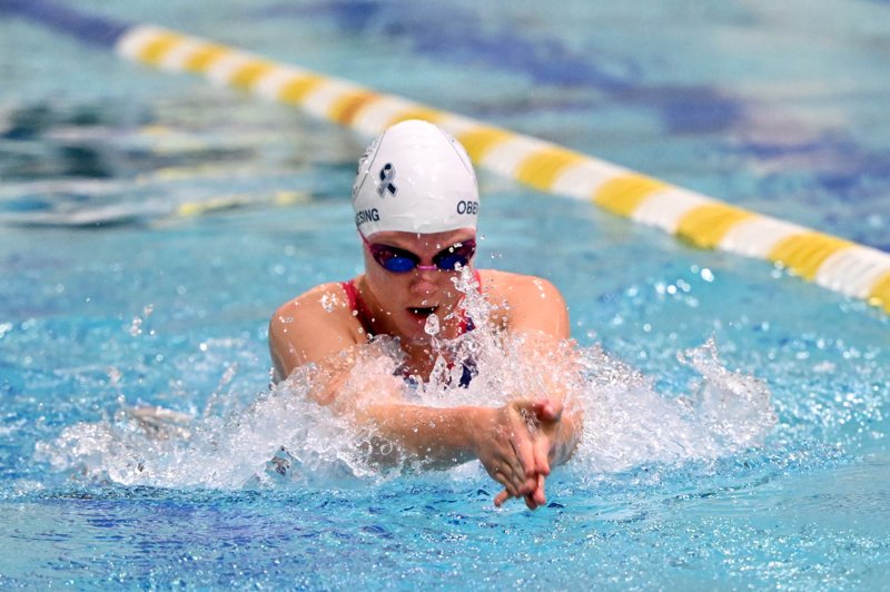 Sussex Academy’s Emi Obertubbesing swims the 100 breaststroke.