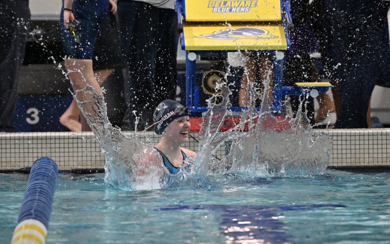 Sussex Academy sophomore Gretchen Maughan celebrates her second-place finish in the 100 breaststroke.