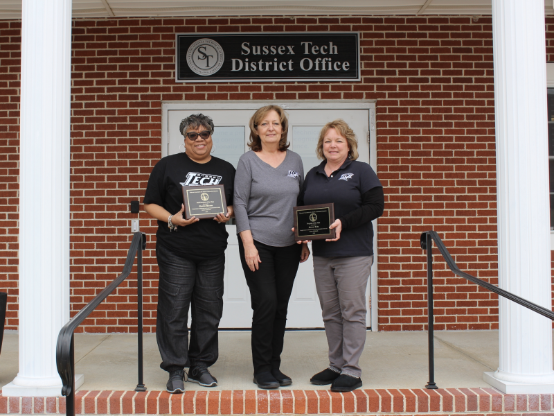 Gathered to celebrate the recognitions by the Delaware Association for Adult Community Education are (l-r) Chanteea Harmon, adult education driver’s education secretary; Kim Banks, coordinator, Adult Basic Education/GED/English as a Second Language; and Kelly Whaley, director, Sussex Tech Adult Education. SUBMITTED PHOTO