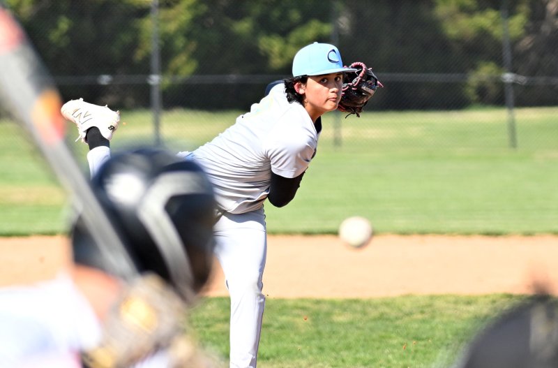Vikings sophomore Christian Cabello delivers to the plate. He struck out five in the game.