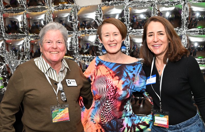 Getting a picture at the meet-and-greet are (l-r) Polly Donaldson, comedian Mina Hartong and Mignon Crawford.