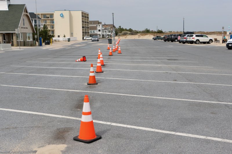 Cones stand in place of concrete parking curbs at Savannah Beach in Lewes April 13. The city said a sand removal project at Savannah Beach and Johnnie Walker Beach was completed March 28, two weeks ahead of schedule. BILL SHULL PHOTOS