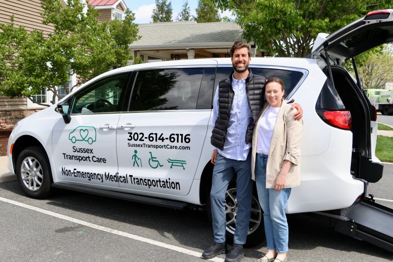 Javier Ruiz, left, and his wife Elizabeth Niehaus in front of their medical transport van. The couple has launched Sussex Transport Care, a business that takes non-emergency passengers to medical appointments. Ruiz is certified and trained, and the van is equipped to carry wheelchairs and stretchers. BILL SHULL PHOTOS