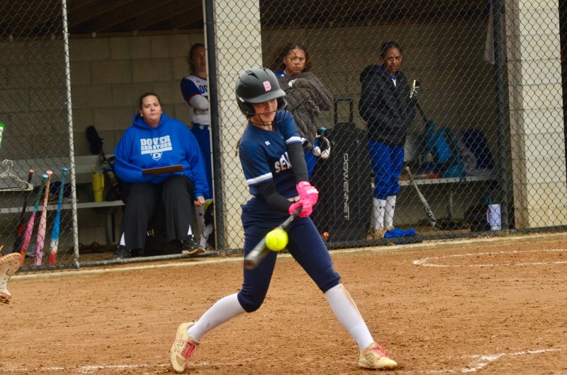 Sussex Academy eighth-grader Rylan Albert recorded her first varsity hit during the 18-1 win over Dover April 2. AARON R. MUSHRUSH PHOTOS