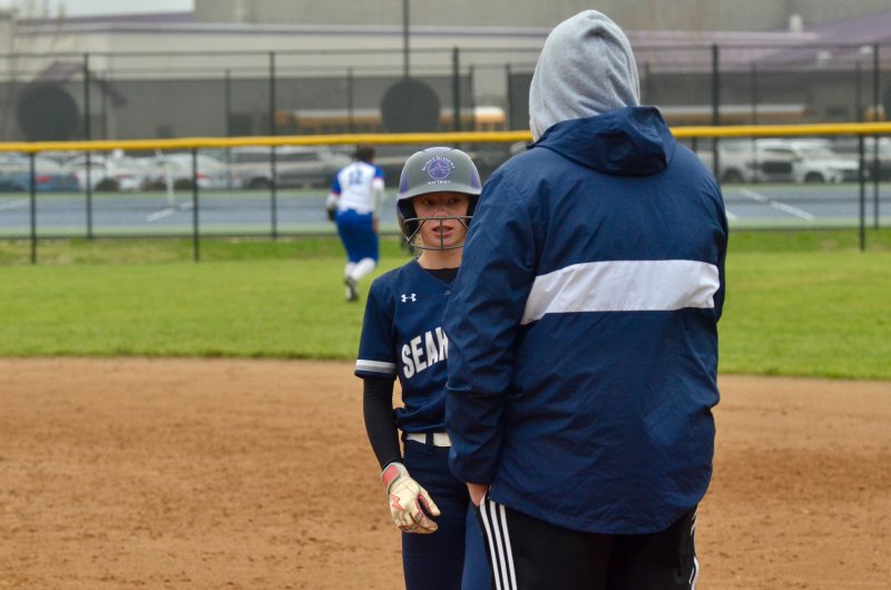 Seahawks freshman Emma Orlen makes her way back to first base.