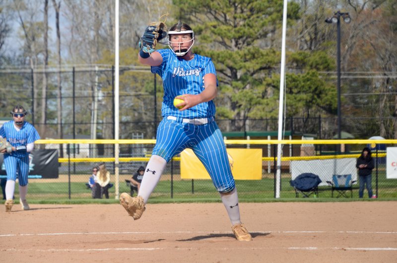 Vikings sophomore Sara Craig fires a strike from the circle.