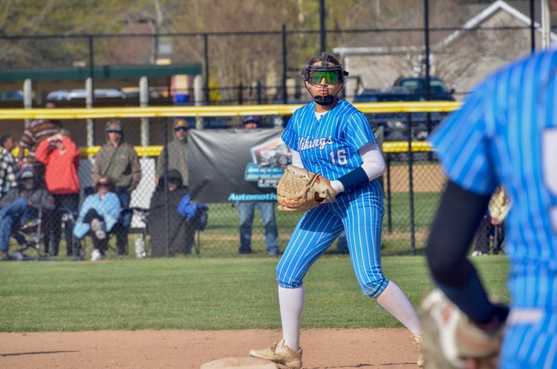 Vikings sophomore Mia Scott touches second base for a force out.