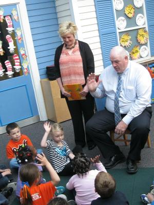 Sen. Joe Booth talks to children about their feelings. Shown are (l-r) Pam Weir of Delaware's BEST, Booth, and sitting on the floor, Palmer Schaeffer, Savannah Chandler, Mia Rooks, Kaylee Taylor, Riccaria Burbage and Gaige Brewington. BY RACHEL SWICK MAVITY