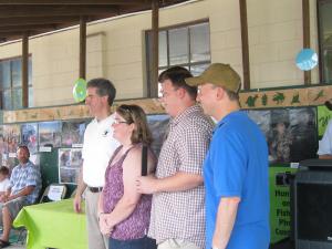 DNREC recognized Timberland Outlets for its employees ongoing support and volunteer work at Cape Henlopen and Delaware Seashore state parks. Shown are (l-r) Shawn Garvin of the EPA, Megan Sockriter and Chris Cornell of Timberland Outlets and Markell. BY RACHEL SWICK MAVITY