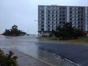 The Henlopen Hotel, at the north end of the Boardwalk, is surrounded by water about 8:15 a.m., just after the day's first high tide. BY LAURA RITTER