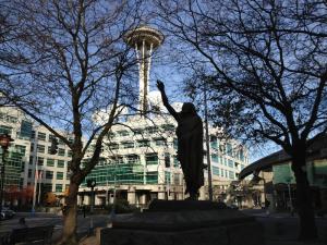 This statue near the space needle serves as a tribute to the First Nation chief for whom Seattle was named.