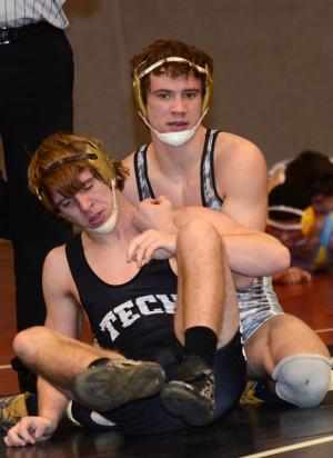 Cape's Aaron Mattioni grapples to a 3-0 decision over Sussex Tech's  Jeffrey Klabe in the 160-pound match. Tech went on to defeat Cape by a  score of 36-25. BY DAN COOK
