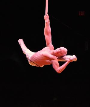 Sergey Novikov of the Ukraine performs high above the crowd. BY RON MACARTHUR