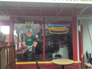Eugene is all about the Ducks of University of Oregon. This mascot was on a hot dog house.