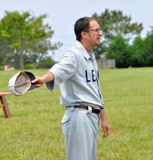 Lewes Historical Society Executive Director Mike DiPaolo catches for Lewes. He was the driving force behind creating a team from Lewes to play in the Mid-Atlantic Vintage Base Ball League. BY RON MACARTHUR
