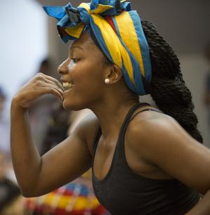 Miranda Thomas, 18, expresses the meaning of a dance with shouts, trills and calls. BY DENY HOWETH