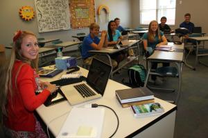New DCHS Spanish teacher Senora Sami Taraila gets acquainted with Spanish II students (l-r) Jacob Calloway of Bethel, Angela Agapito of Millsboro, Luke Czapp of Millsboro, Amanda Williams of Millsboro, Frank Bolles of Greenwood and Nathaniel Richter of Bethany Beach. SOURCE SUBMITTED