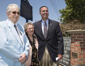 Howard and Shirley Millman pose with Sen. Ernie Lopez, R-Lewes, during the dedication of the marker. BY DENY HOWETH