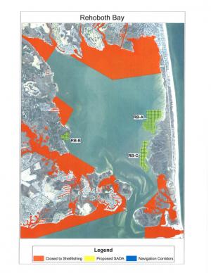 This map shows Shellfish Aquaculture Development Areas in Rehoboth Bay. SOURCE DNREC FISH AND WILDLIFE