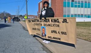 Janie Miller stands at the front of the line-up before the 2013 Martin Luther King Jr. Parade in Lewes. SOURCE FILE