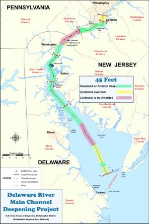 The southernmost 15 miles of the Delaware River channel deepening project - seen in yellow on this map - will provide material for beach replenishment at Broadkill Beach. SOURCE U.S. ARMY CORPS OF ENGINEERS