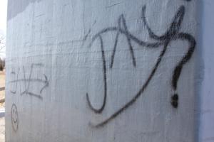 New graffiti now covers a freshly cleaned pylon underneath the Freeman Highway Bridge. BY MELISSA STEELE