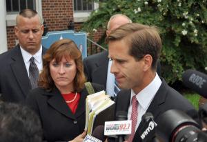 Beau Biden, right, stands outside the Superior Courthouse in Georgetown with Sussex County Chief Prosecutor Paula Ryan after the sentencing of Earl Bradley in August 2011, one of the most notorious child molesters ever prosecuted. BY NICK ROTH