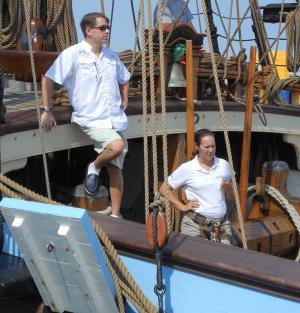 Kalmar Nyckel historian Sam Heed and port captain Sharon Dounce watch over the production crew to make sure things are done historically correct. BY CHRIS FLOOD