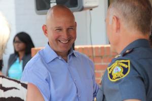 Gov. Jack Markell greets Georgetown Police Chief Randall Hughes. BY MELISSA STEELE