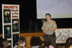 Sussex County Forester Laura Yowell gives a forest fire prevention presentation to first-graders at H.O. Brittingham Elementary. BY MELISSA STEELE