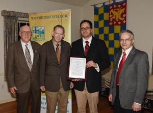 The Lewes Historical Society was recently honored with the Association for Gravestone Studies' Oakley Award for its years-long work building a database of all graves in the Lewes and Rehoboth Hundred. Shown are LHS Past President Russ Allen, J. Joseph Edgette of the Association for Gravestone Studies, LHS Executive Director Mike DiPaolo and Richard A. Sauers of the Association for Gravestone Studies, BY NICK ROTH