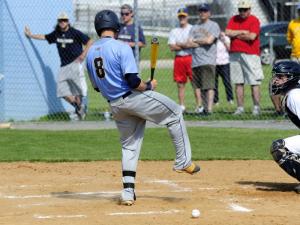 Not the Brooklyn Shuffle, but Cape center fielder Austin Elliott getting hit by a pitch. BY DAN COOK