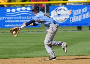Senior second baseman Gordon Boslet snags a grounder and throws out a Sallies batter. BY DAN COOK
